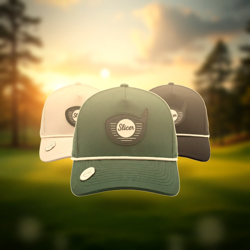 Slicer-settet – Forest, Bunker og Midnight golfcaps i gyllent golfmiljø