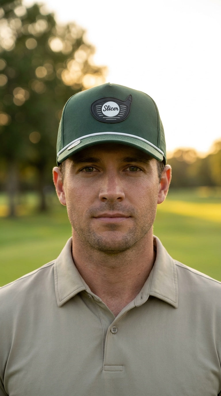 Mann med Forest Slicer golfcaps på banen i gyllent lys