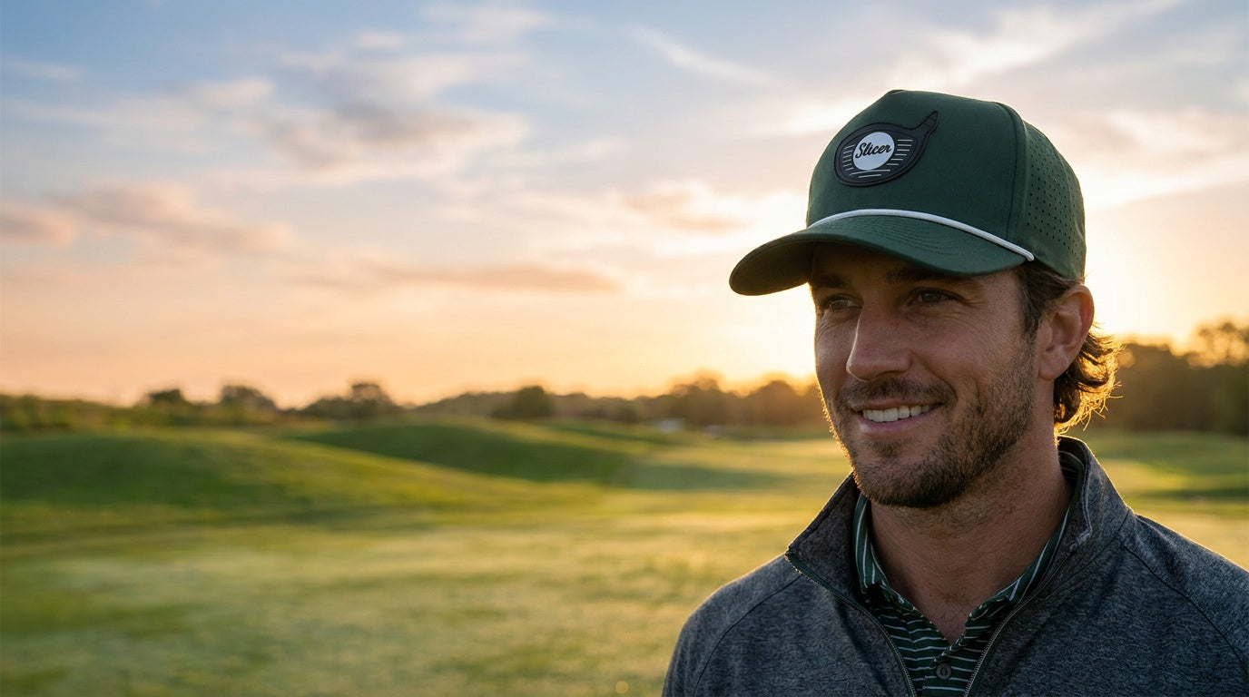 Golfer med Forest Slicer caps i gyllent lys
