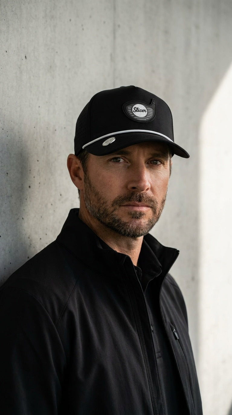 Mann med solbriller og Midnight Slicer golfcaps i svart