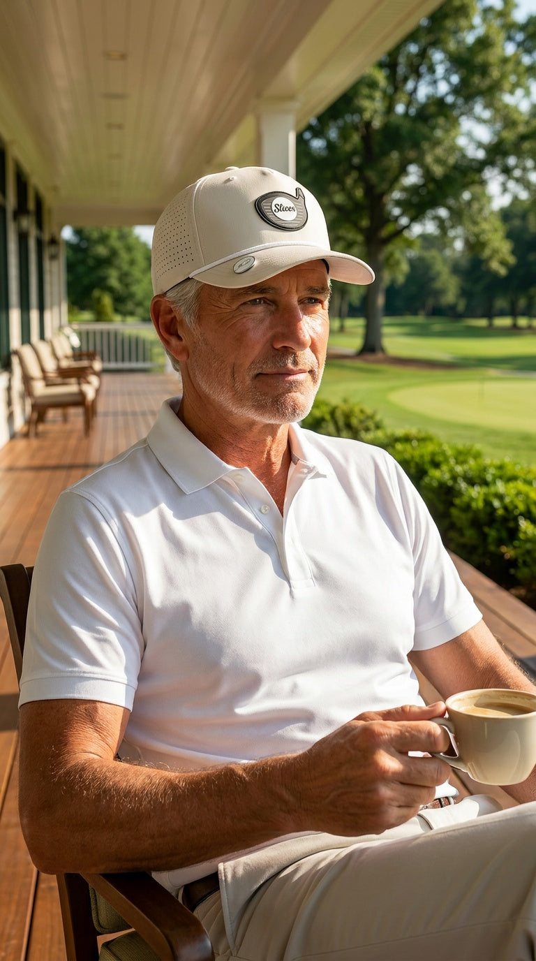 Mann med Bunker Slicer golfcaps på klubbhus-verandaen