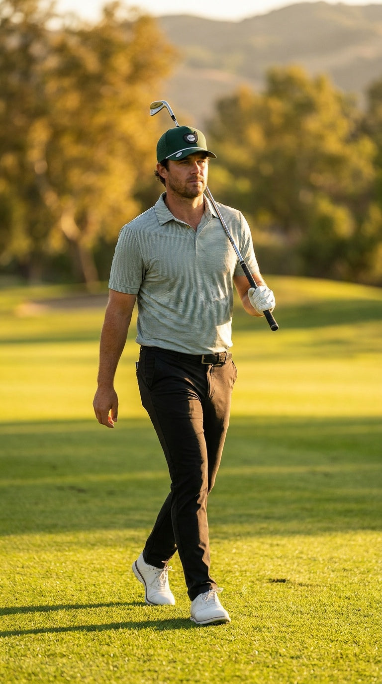Golfer på vei mot greenen med Forest Slicer golfcaps i gyllent lys