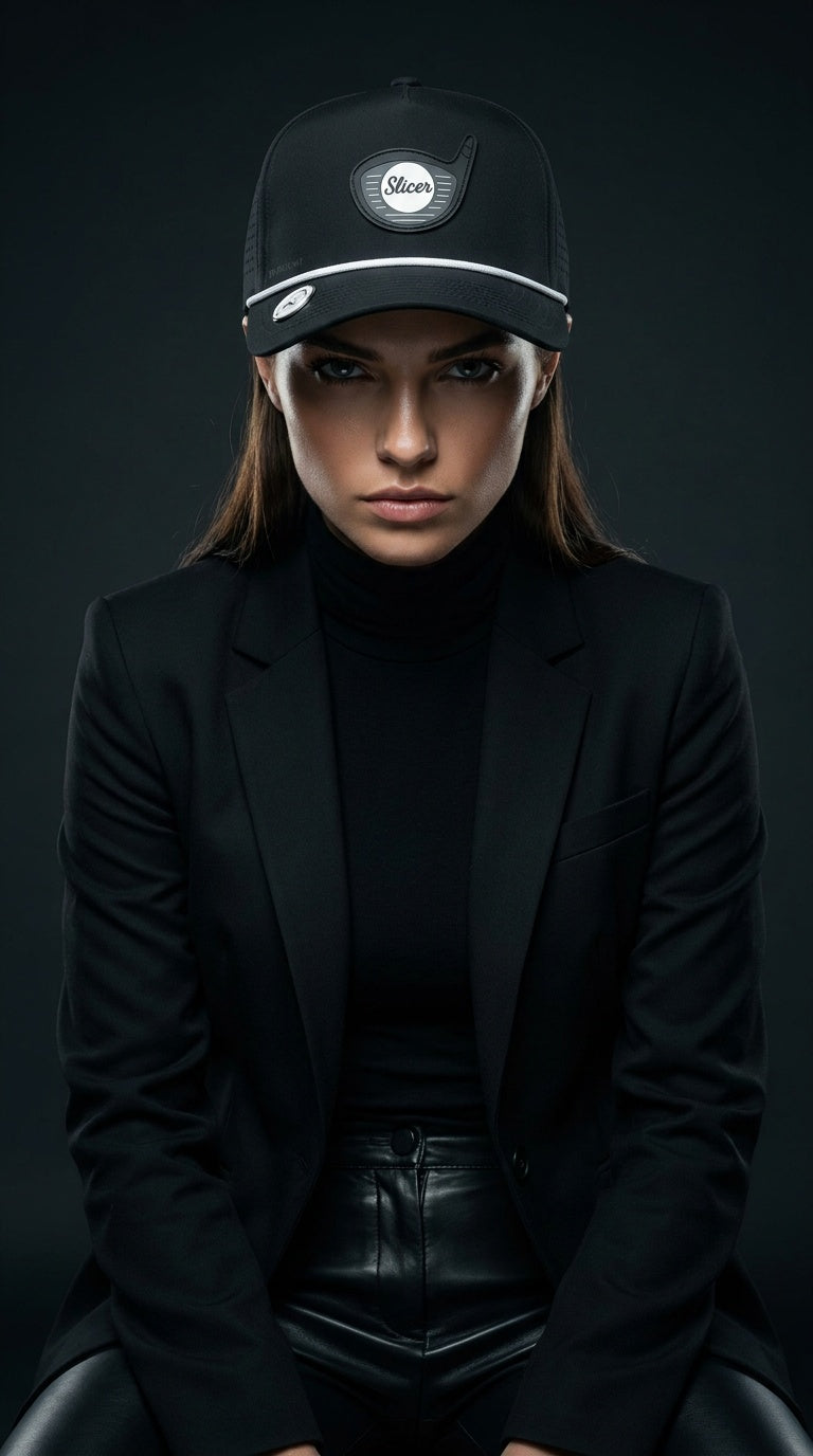 Kvinne i svart antrekk med Midnight Slicer golfcaps, studioportrett