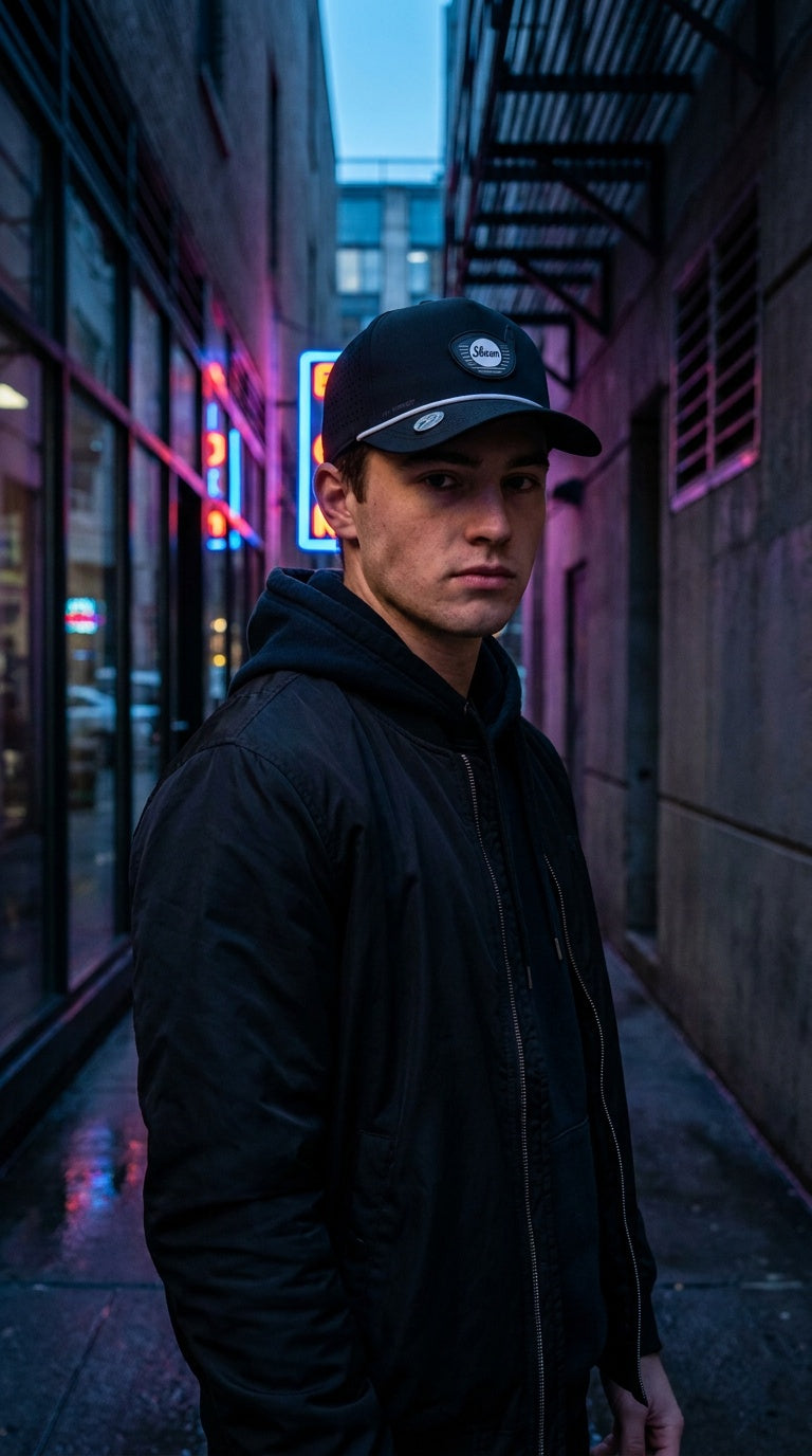 Ung mann med Midnight Slicer golfcaps i bygate med neonlys